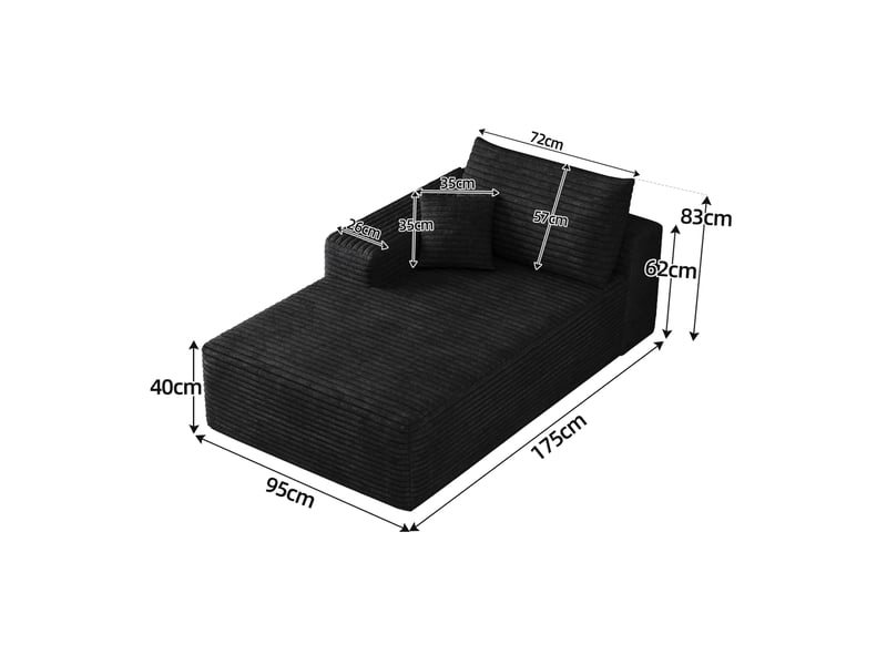  Méridienne 1 place modulaire avec assise allongée, sans montage, pour salon, en velours côtelé noir 175 × 95 × 83 cm  - Conforama E