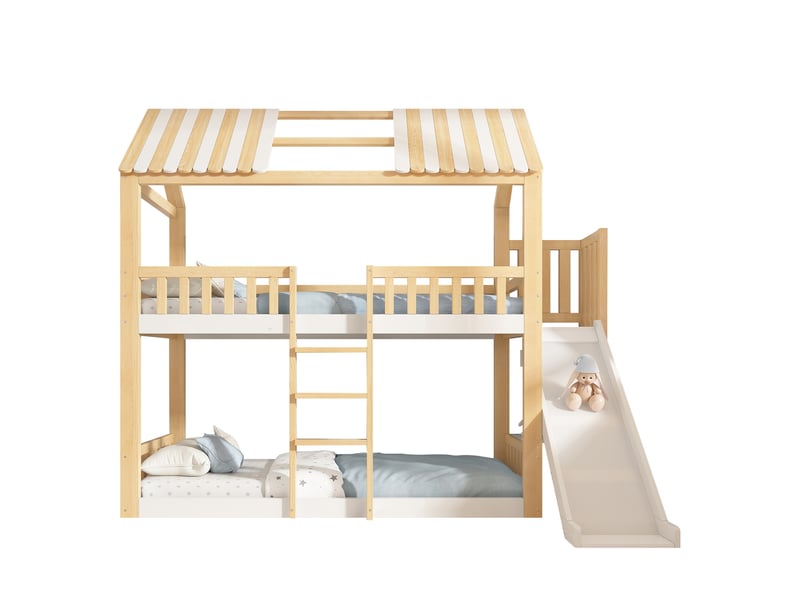 Lit superposé 90x200cm, toboggan, lit cabane, sommier, échelle incluse, lit enfant, espace de rangement, en bois+mdf, blanc et couleur bois - Conforama A