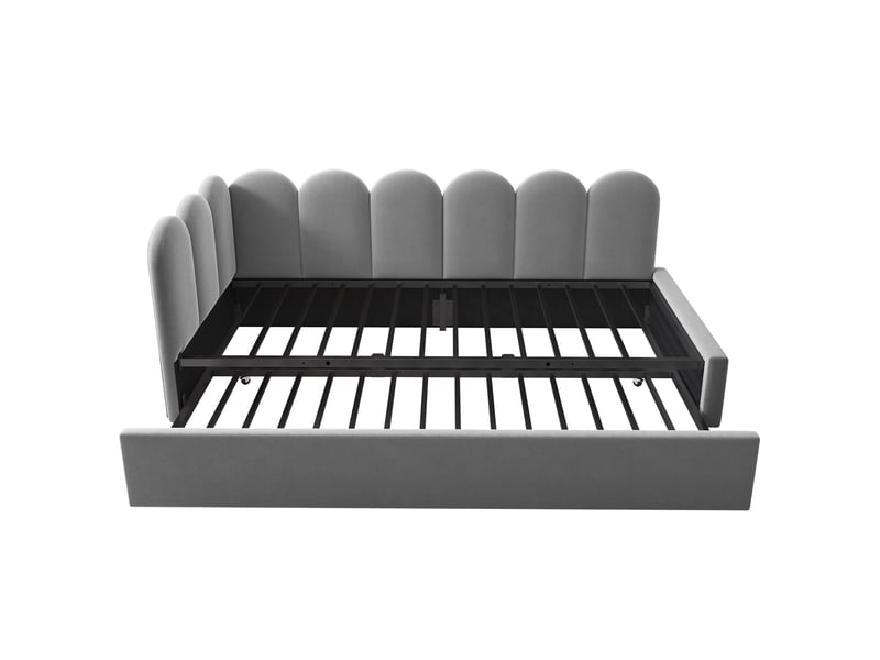  Lit gigogne enfant 90x200 cm design à barreaux, convertible avec roulettes, sommier, velours, gris, sans matelas  - Conforama D