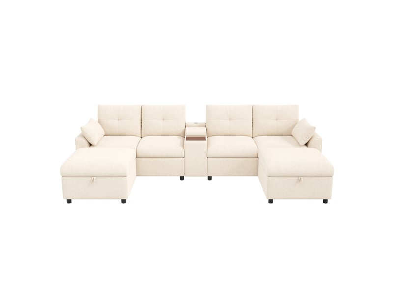  Canapé d'angle modulable 6 places en chenille beige avec 2 poufs de rangement  - Conforama A