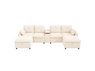 Canapé d'angle modulable 6 places en chenille beige avec 2 poufs de rangement