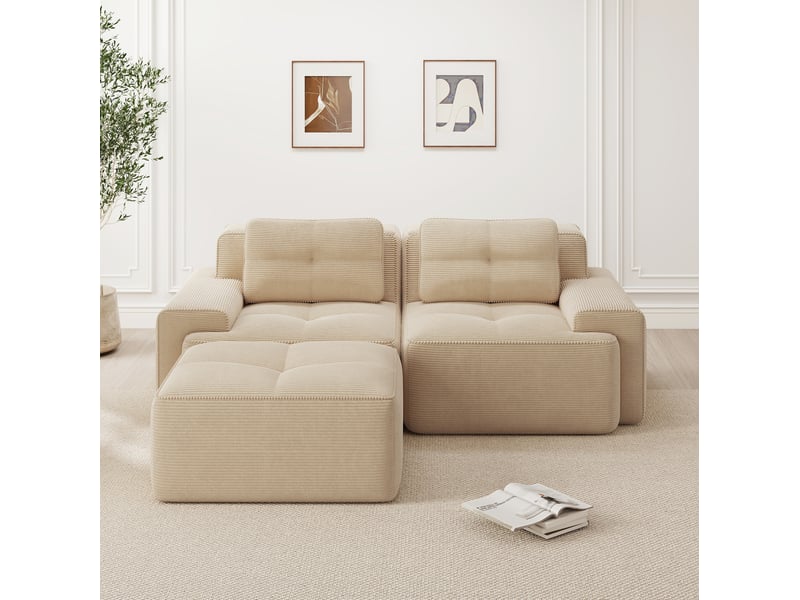 Canapé d'angle modulable ulevr 2 places avec ottomane, assise profonde 74 cm, velours côtelé beige, 204 x 177 cm - Conforama D