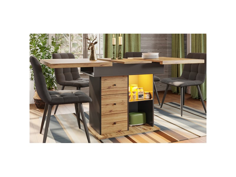  Table à manger télescopique 110-140 × 80 cm, pour 4 à 6 personnes, table avec éclairage led, bois clair  - Conforama B