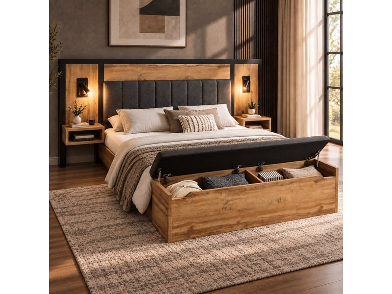  Lit double rembourré 180x200 avec chevets intégrés, lampes de lecture tactiles, ports usb et usb-c, banc coffre, sommier, mdf coloris chêne Morn Vibe - Conforama C