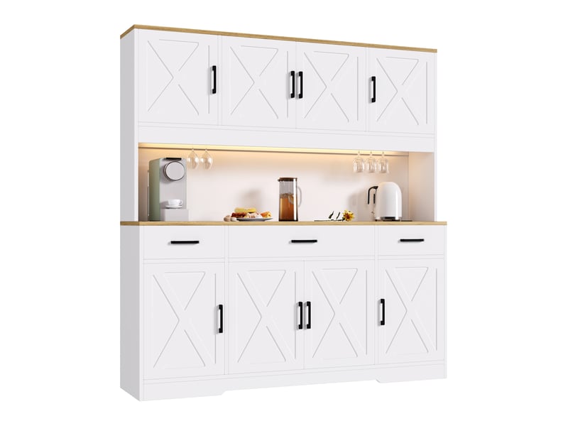 Buffet haut 150x40x180 cm, vaisselier avec rangements, 2 porte-verres, prise, usb-a et usb-c, bande led multicolore, blanc et chêne evarich - Conforama A