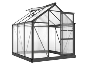 Serre aluminium 3,65 m², 190x192x201 cm, fondation, fenêtre toit, porte coulissante, panneaux uv 4 mm, tomatesplantes, extérieur.