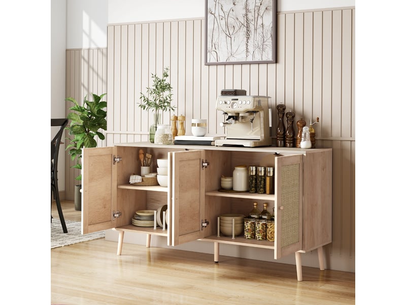  Buffet salon meuble de rangement placards à portes en cannage et étagère réglable effet bois naturel 140 x 40 x 75 cm  - Conforama D