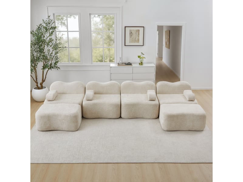  Canapé 4 places avec 2 poufs - 384x167x70 cm - canapé panoramique u velours mousse 32d sans structure 1100kg - beige  - Conforama B