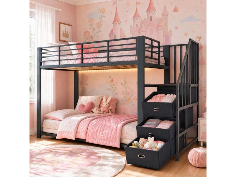 Lit superposé adulte 2 couchages 90x200 cm avec escalier de rangement réversible, led musicale, prises et usb, garde-corps, métal et mdf noir - Conforama D
