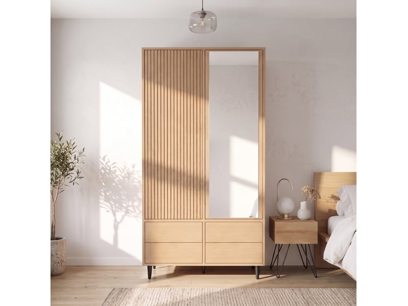 Armoire penderie 90 x 45 x 200 cm – aspect chêne – 2 portes miroir, 1 penderie, 4 tiroirs et rangements - Conforama E