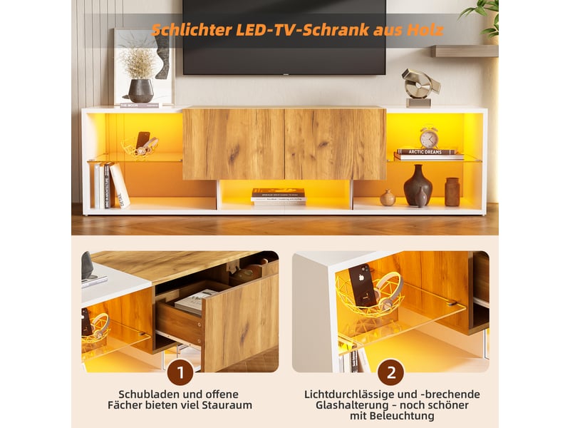  Meuble tv à trois niveaux avec éclairage led télécommandé, meuble tv blanc et bois pour télévision jusqu'à 70 pouces, 160 cm  - Conforama W