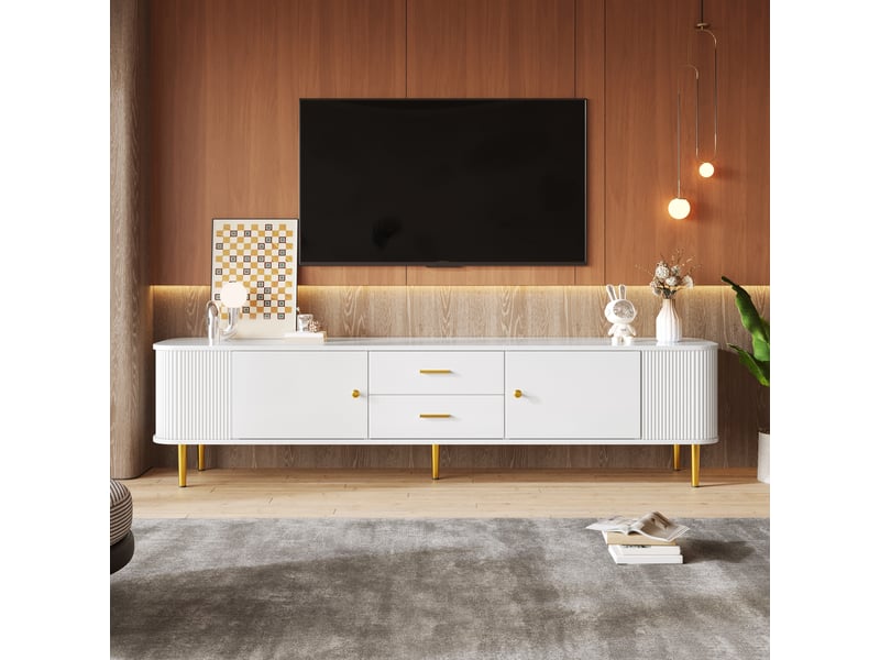  Meuble tv avec 2 portes et 2 tiroirs pour salon en mdf 170×34×45 cm blanc, poignées dorées  - Conforama C