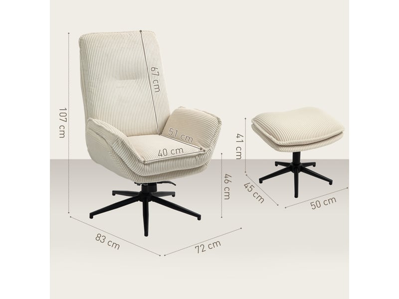  Fauteuil pivotant rembourré avec repose-pieds, fauteuil inclinable moderne pour salon, chambre, bureau, beige  - Conforama E