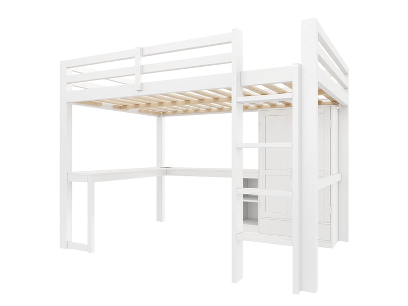  Lit mezzanine 140x200 cm - avec bureau, étagères et armoire avec 1 tiroir - port usb et éclairage led - mdf - blanc (sans matelas)  - Conforama W