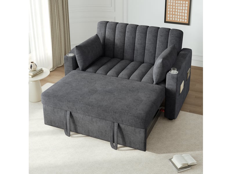 Canapé convertible 2 places avec dossier réglable 3 positions, porte-gobelets, poches latérales et 2 coussins en tissu gris 136 × 162 × 84 cm - Conforama D