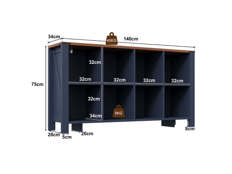 Buffet bas 140x34x75 cm, avec 8 niches ouvertes mdf, style moderne, meuble de rangement, pour la maison, coloris bleu - Conforama C