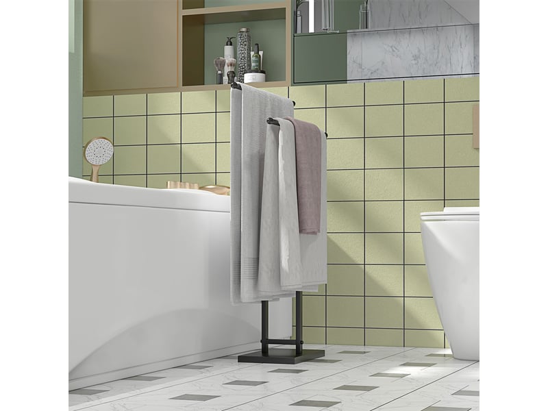  Porte-serviettes sur pied autoportant 2 niveaux en métal pour la salle de bain, noir, dim. 50l x 18,5p x 85h cm  - Conforama D