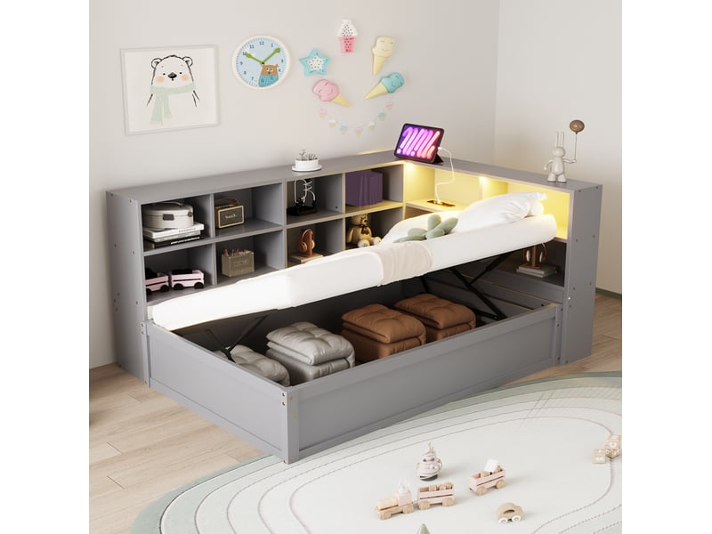  Lit multifonctionnel 90x200 cm, bois, rangements, éclairage led et prise, gris, sans matelas  - Conforama B