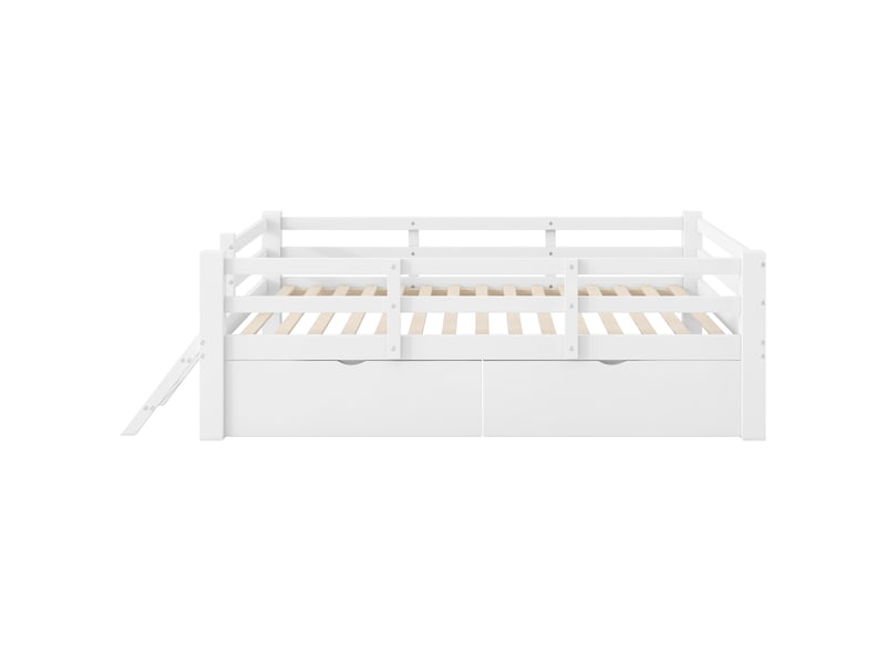  Lit enfant 90x200 cm avec barrières et 2 tiroirs, mdf et pin, blanc, sans matelas  - Conforama E