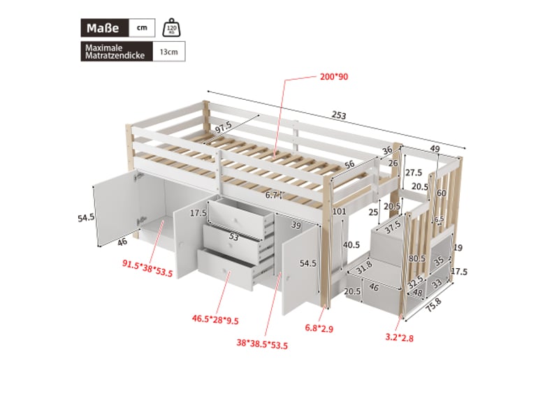  Lit mezzanine enfant 90x200 cm, lit simple, lit enfant avec escalier, tiroirs, 2 armoires de rangement et tringle à vêtements, sans matelas, blanc  - Conforama D