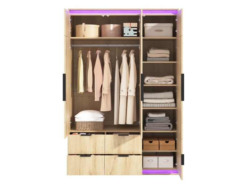  Armoire 3 portes tcqpz avec miroir led 135 x 47 x 200 cm 4 tiroirs mdf décor chêne  - Conforama A