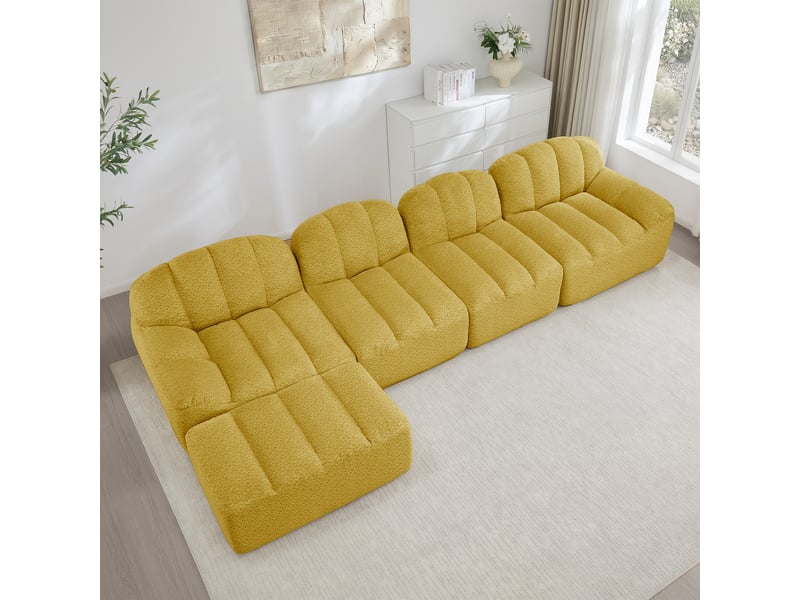  Canapé d’angle coquille 4 places avec pouf jaune – 366 x 165 x 79 cm Fay Lum - Conforama D