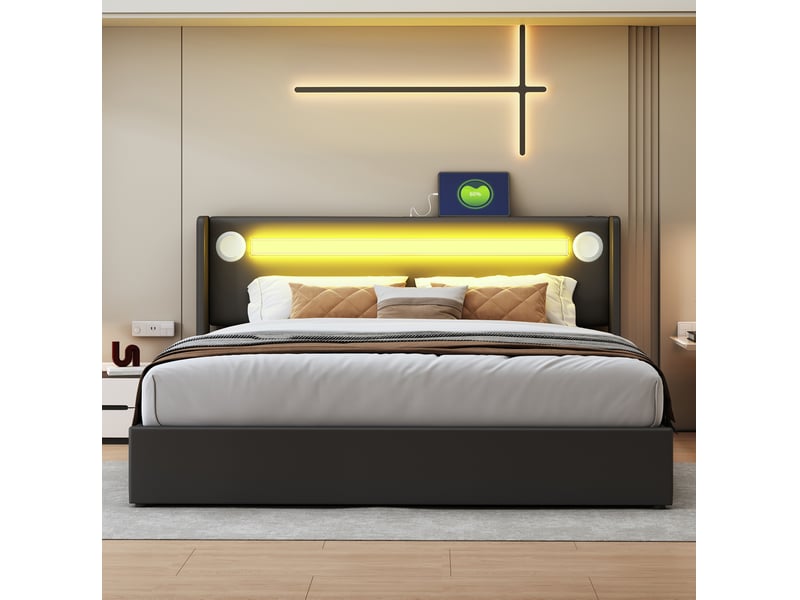  Lit coffre 160x200 cm noir avec led, bluetooth, usb et sommier à lattes  - Conforama D