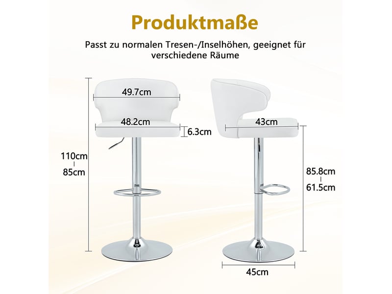  Tabouret de bar 2 pièces avec dossier ergonomique, assise pivotante et hauteur réglable, en pu blanc  - Conforama D