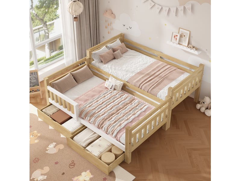 Lit superposé enfant 90x200 cm modulable en 2 lits avec tiroirs, blanc et naturel, sans matelas - Conforama B
