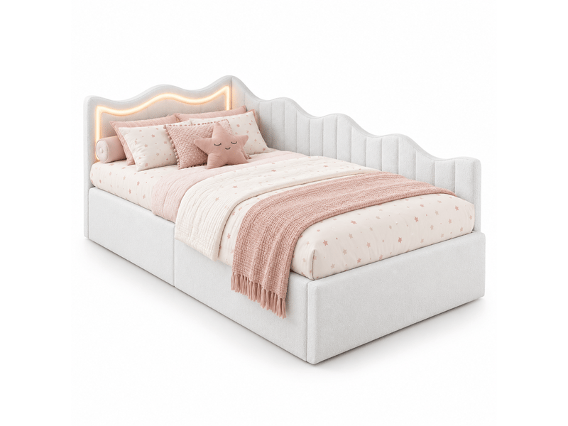 Lit capitonné 90x200cm avec led - lit enfant avec sommier - coffre de rangement - 1 personne - lit de jour - tissu sherpa - blanc - Conforama A