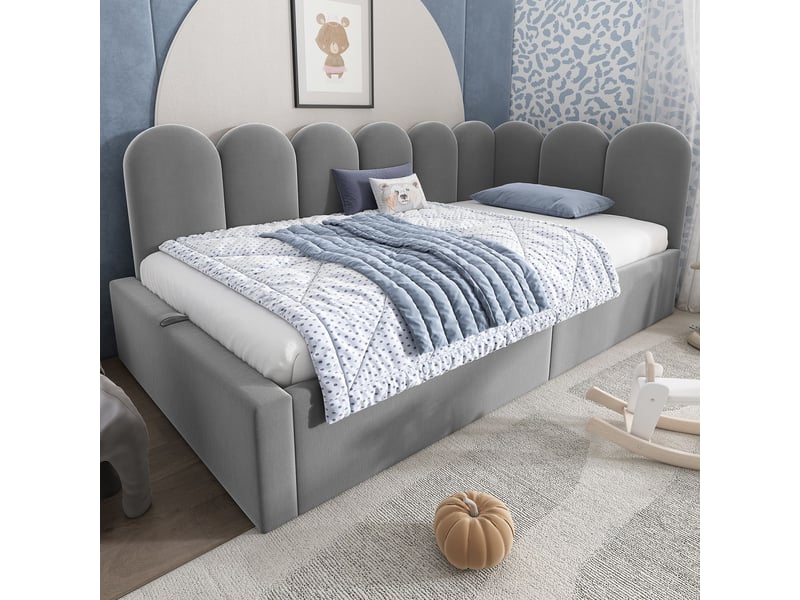  Lit avec rangement 90x200, coffre hydraulique lit une personne, lit rembourré velours gris, sommier métal, stop matelas stable  - Conforama B