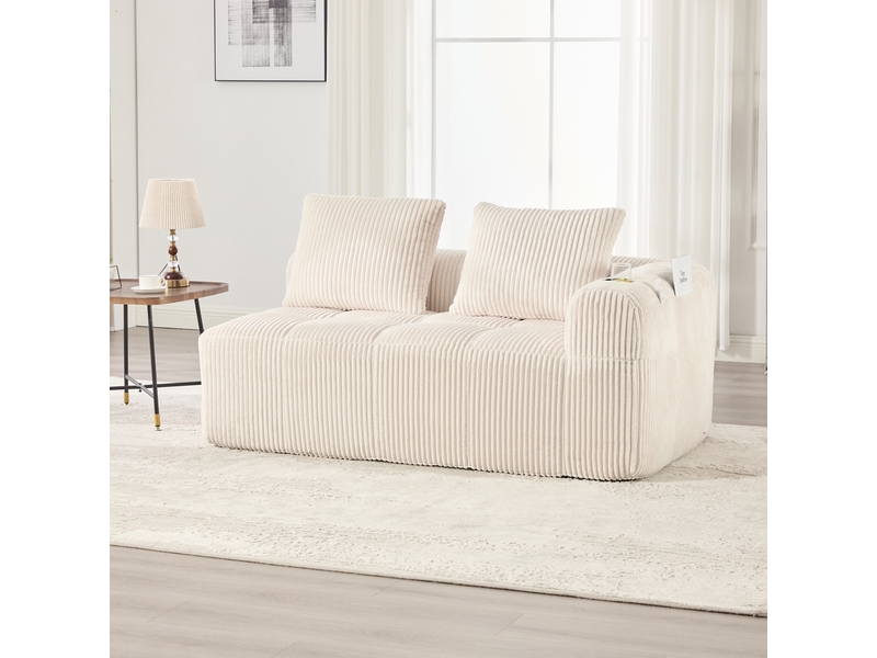  Canapé droit 2 places en velours côtelé beige 158x93x61 cm, poches latérales et porte-gobelets, salon séjour 158x93x61cm - Conforama B