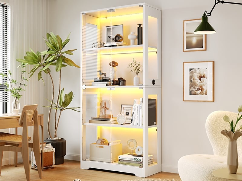 Vitrine led en verre trempé, 3 couleurs, capteurtactile, socle rond, parois acrylique, push-to-open, 80x35x160cm, blanc - Conforama B
