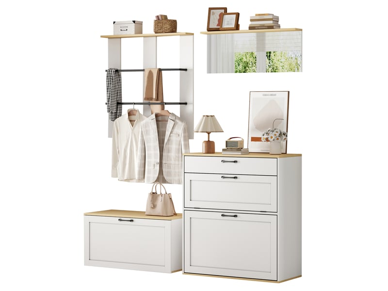  Meubles d'entrée modulables avec meuble à chaussures, banc, miroir, tiroir et 2 tringles en métal 156 × 36 × 176 cm  - Conforama A