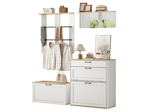 Meubles d'entrée modulables avec meuble à chaussures, banc, miroir, tiroir et 2 tringles en métal 156 × 36 × 176 cm
