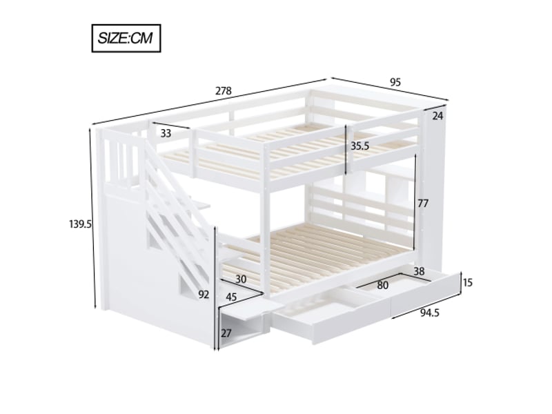 Lit superposé enfant 90x200 cm avec 2 tiroirs et escalier, étagères de rangement, sommier à lattes, en bois, sans matelas, blanc - Conforama C