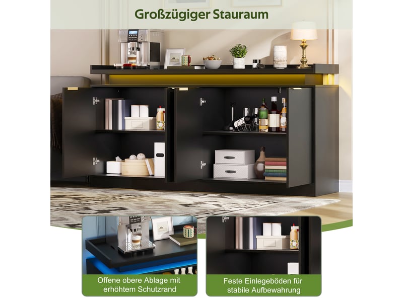  Buffet 4 portes avec éclairage led rgb et rangements - lpospi - étagères fixes mdf noir 160 × 39 × 83 cm  - Conforama E