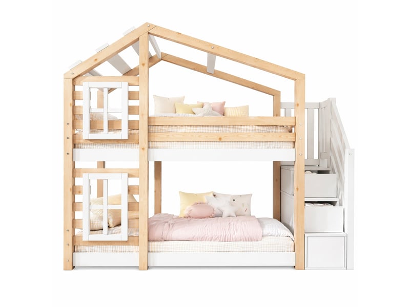  Lit superposé enfant cabane 90 x 200 cm avec rangements, garde-corps et 2 sommiers, naturel et blanc  - Conforama A