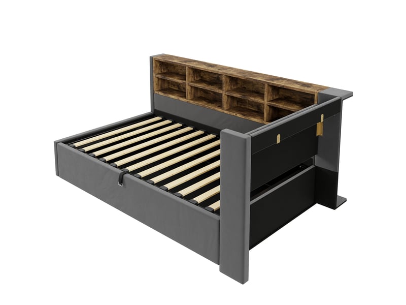  Lit coffre enfant 90x200 cm, led, usb type-c, étagères, rangement, sommier, velours gris foncé, sans matelas  - Conforama D