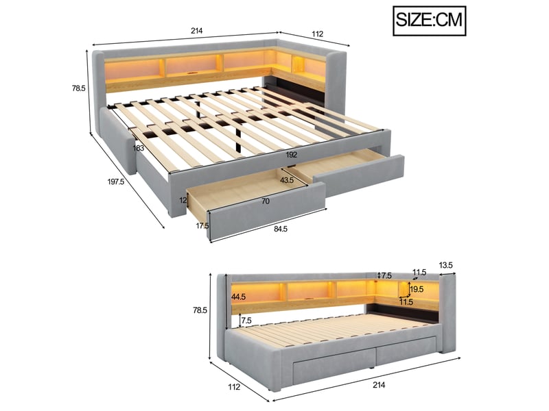  Lit gigogne extensible fermé 90x200 ouvert 180x200 cm, tiroirs rangement, led prise, velours gris sans matelas  - Conforama C