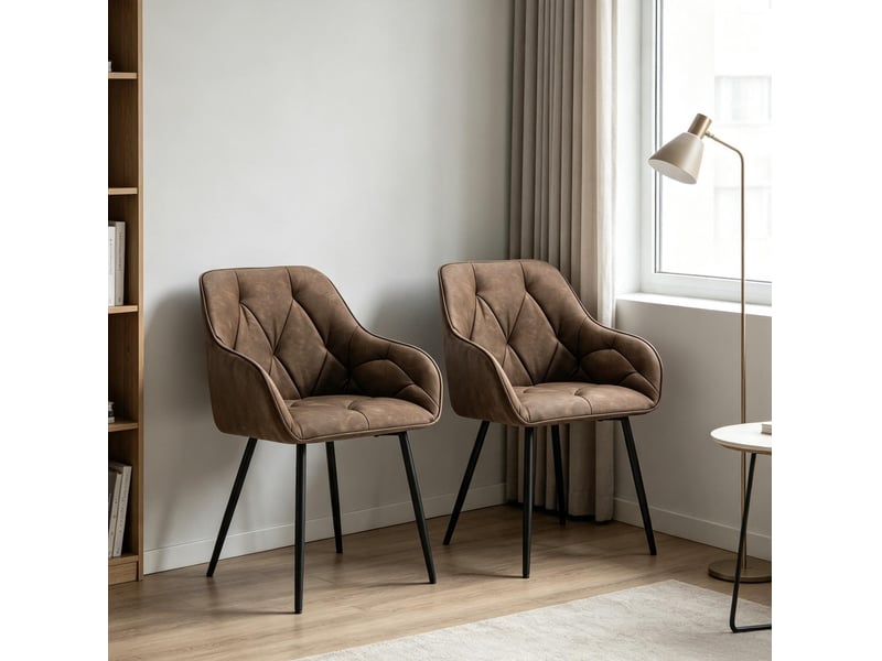  Lot de 2 chaises de salle à manger avec accoudoirs, similicuir marron foncé  - Conforama E
