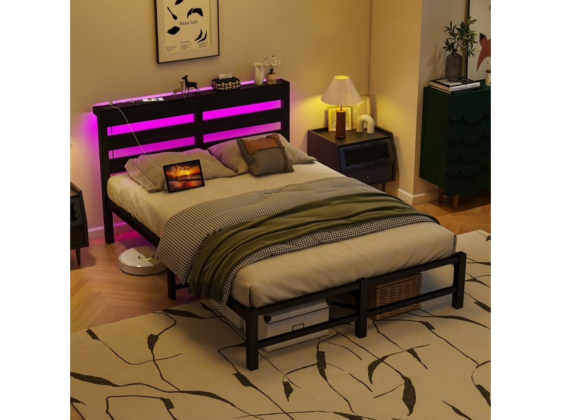Cadre de lit, lit double 120x200 cm, rangement intégré, led, usb, métal et bois noir, sans matelas - Conforama C