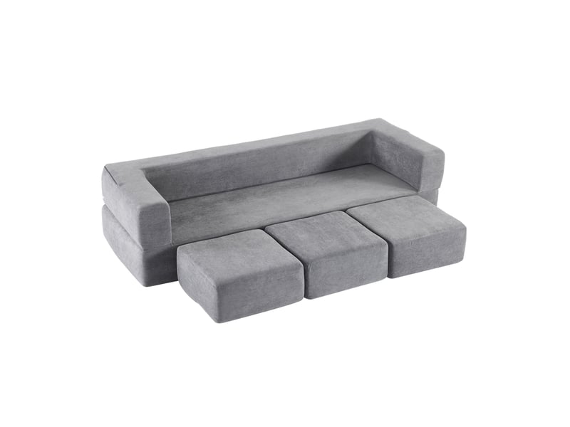  Canapé convertible modulable 3 places avec 3 repose-pieds, couchage et tapis de jeu en chenille gris  - Conforama A
