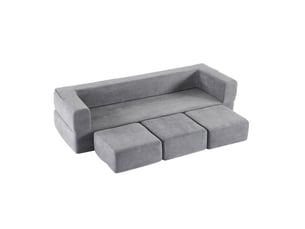 Canapé convertible modulable 3 places avec 3 repose-pieds, couchage et tapis de jeu en chenille gris