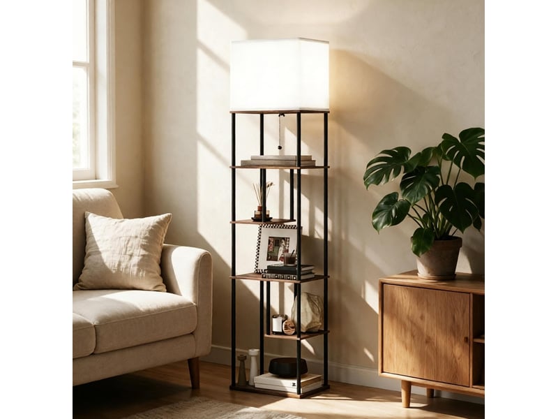  Lampadaire 40x29x171 cm réglable avec télécommande mdf métal beige noir brun rustique  - Conforama B