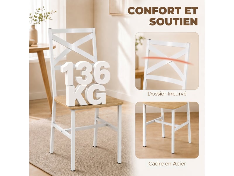 Ensemble table salle à manger avec 4 chaises, bois naturel et blanc, table de cuisine avec chaises pour 4 personnes - Conforama E