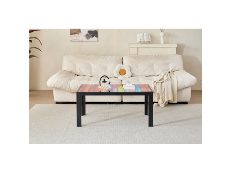  Table basse en verre trempé noir avec pieds en métal, surface facile à nettoyer pour salon, cuisine et terrasse  - Conforama C