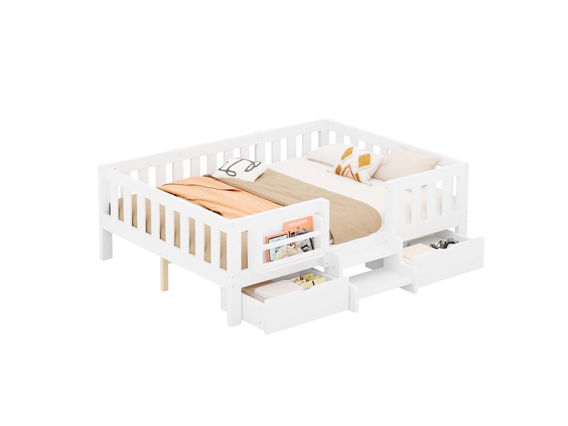  Lit enfant 140x200 cm avec 2 tiroirs, bibliothèque, escalier d’accès, barrière de sécurité et sommier à lattes, bois, pour chambre d’enfant - blanc  - Conforama A