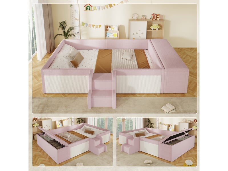 Lit double enfant 140x190 cm, lit au sol rembourré avec banquette coffre de rangement, marche d'accès, tissu bouclé, sans matelas, rose - Conforama E
