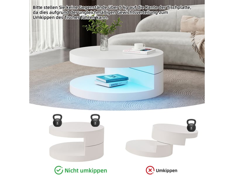 Table basse 70 x 70 x 35 cm plateau supérieur pivotant à 360° éclairage led structure cylindrique en mdf charge maximale 30 kg construction à 2 niveaux finition blanche - Conforama E